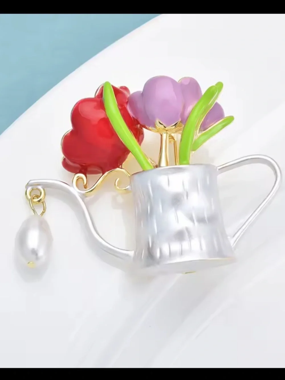 Cute Floral Watering Can Silver Pearl Charm Garden Brooch